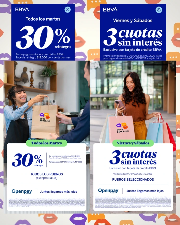 Descuento BBVA y Openpay 30% de reintegro y cuotas sin interés.